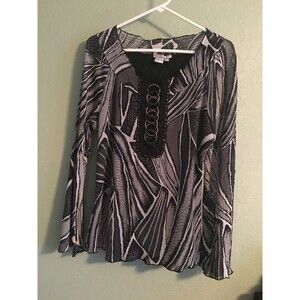 ALBERTO MAKALI Size Large L Crinkle Pleated Gray Black Blouse